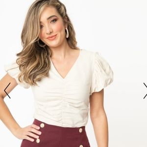 Cream Shirred Puff Sleeve Cotton Crop Top